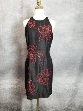 NWT Muse Silk Beaded Dress Black Pink Floral Embroidered Halter Cocktail Size 8